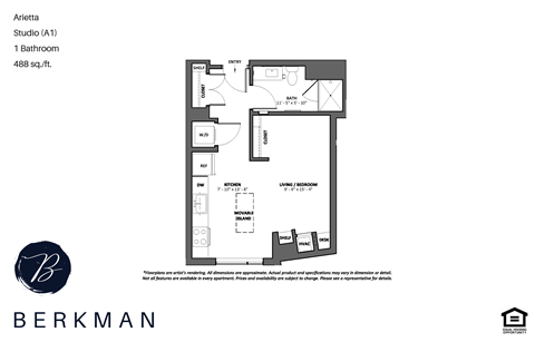Floor plan for studio, 1 bath, 488 sqft